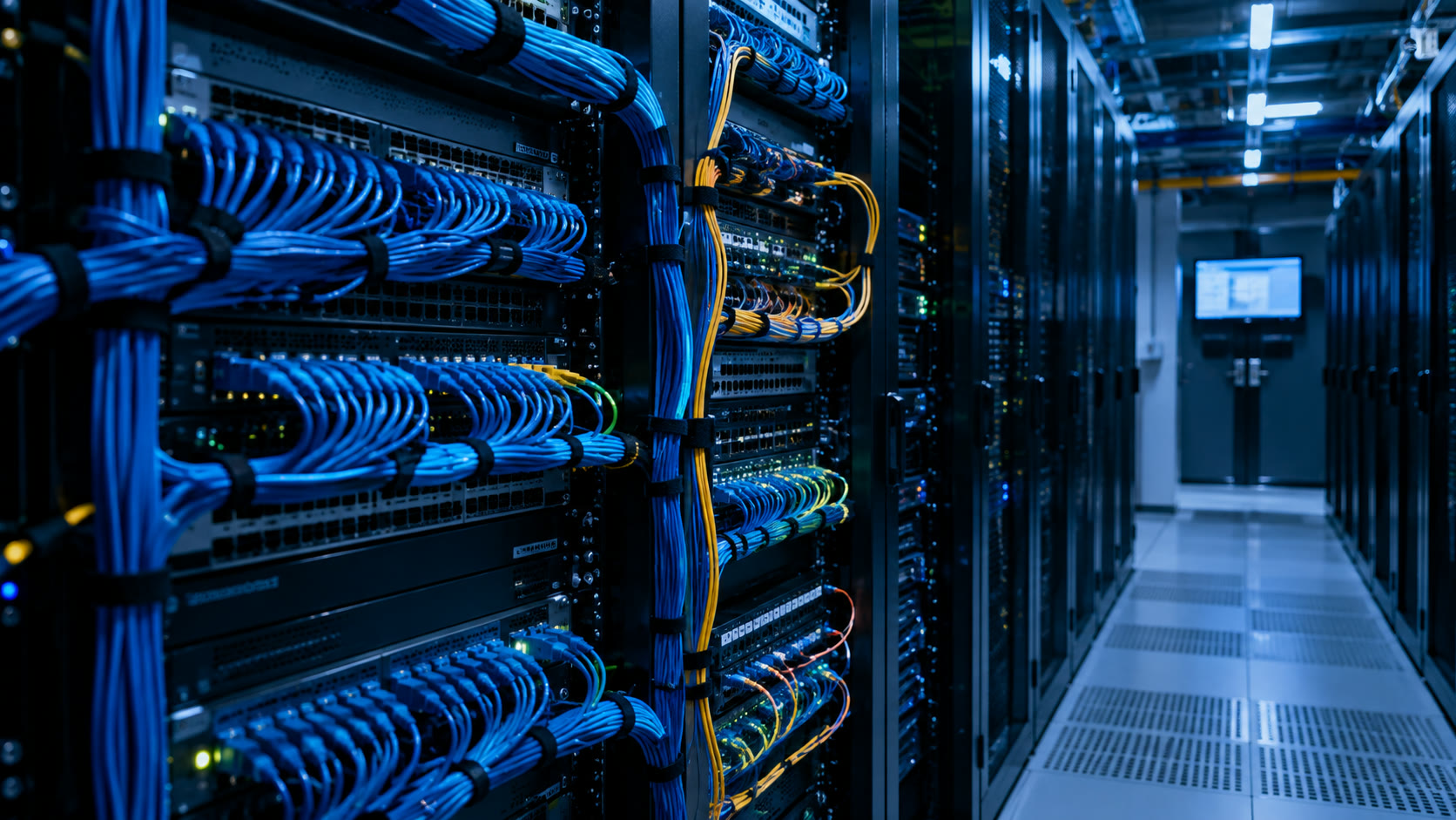 Pasillo de sala técnica con racks de red, cables organizados y luces de estado activas.