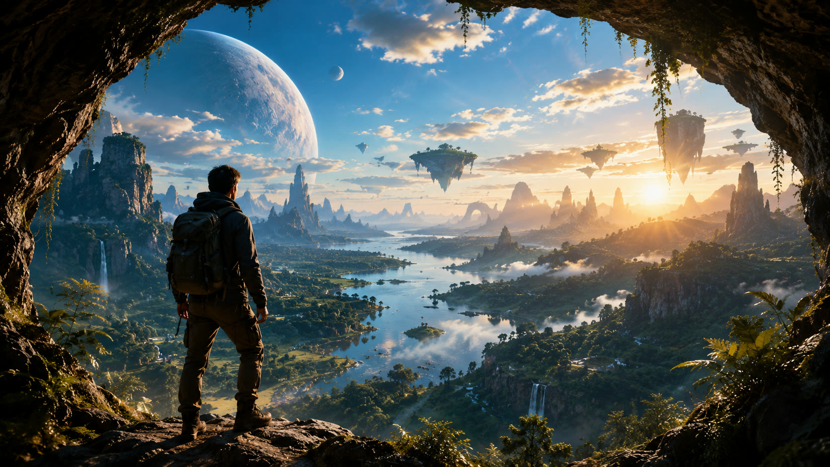 Explorador contemplando un paisaje de mundo fantástico, representando una aventura de streaming.