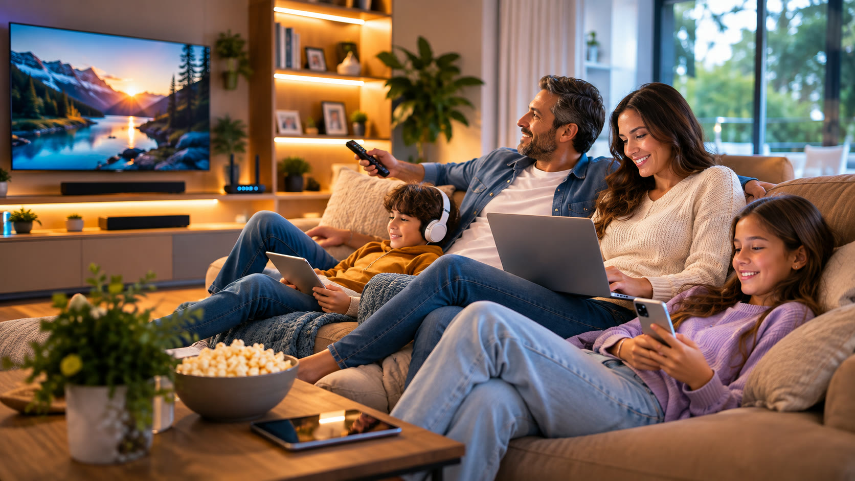 Familia reunida en la sala viendo TV, usando notebook, tablet y celular al mismo tiempo.